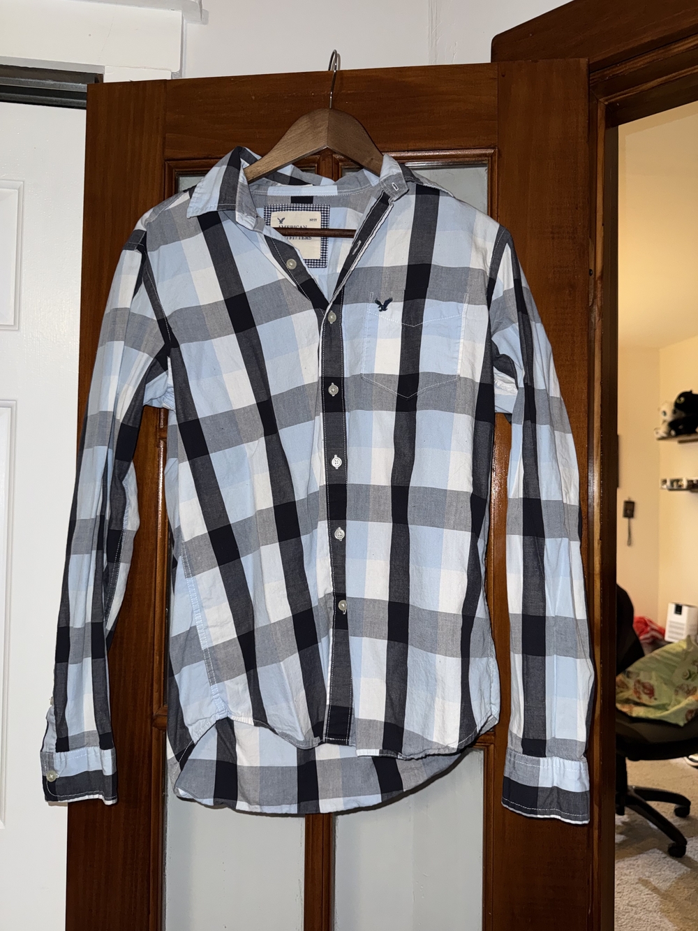 American Eagle Outfitters Men’s Light Blue & Black Checked Button-Down Shirt